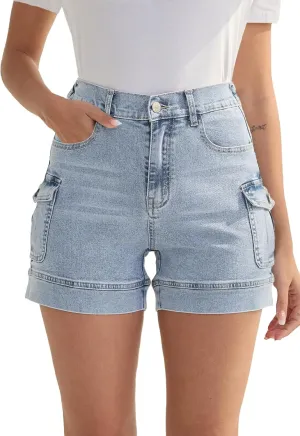 Women's Stretchy Cargo Jean Shorts High Waisted Casual Summer Denim Shorts with Pockets