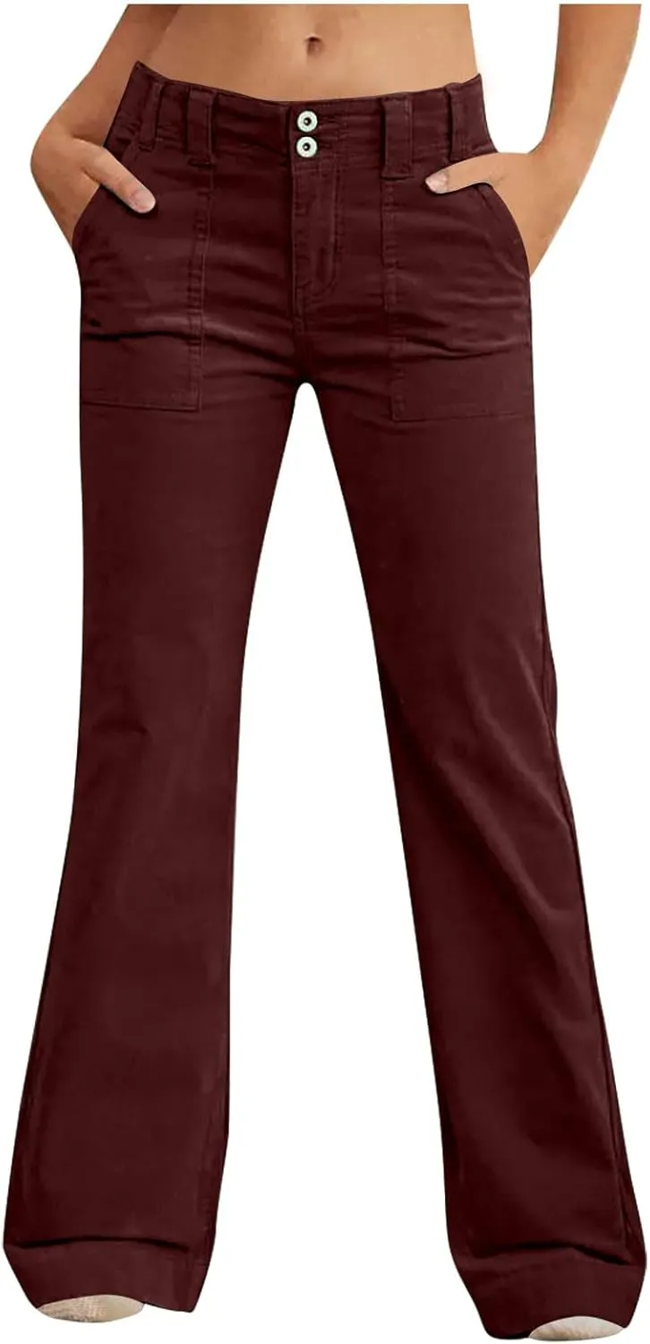 Xiaojmake Women Casual Twill Chino Pant Flare Slim Fit Boot Cut Stretch Dress Pant Bootcut Cotton Pull On Pants with Pockets