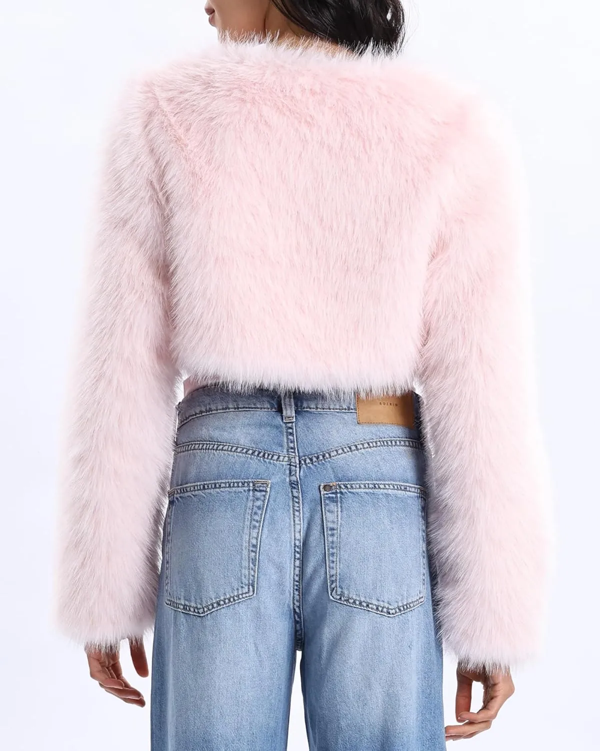 Xintianji Womens Faux Fur Cropped Jacket - Open Front Long Sleeve Winter Fuzzy Fleece Coat