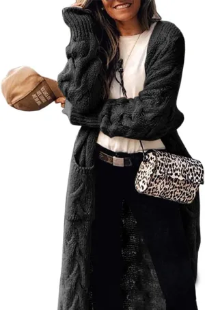 ZIWOCH Women's Long Cardigan Coats Cable Knit Casual Open Front Long Sleeve Loose Sweater with Pockets