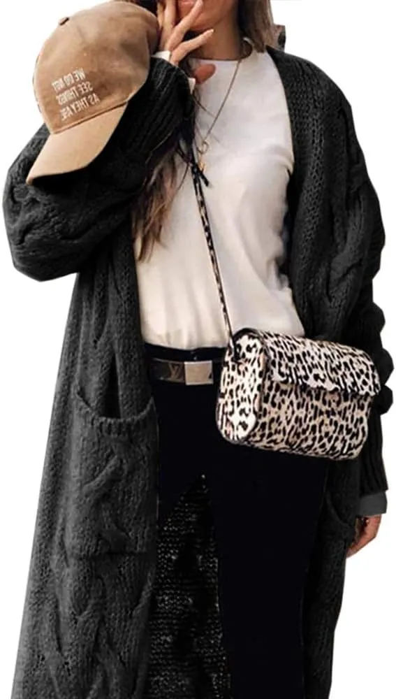 ZIWOCH Women's Long Cardigan Coats Cable Knit Casual Open Front Long Sleeve Loose Sweater with Pockets