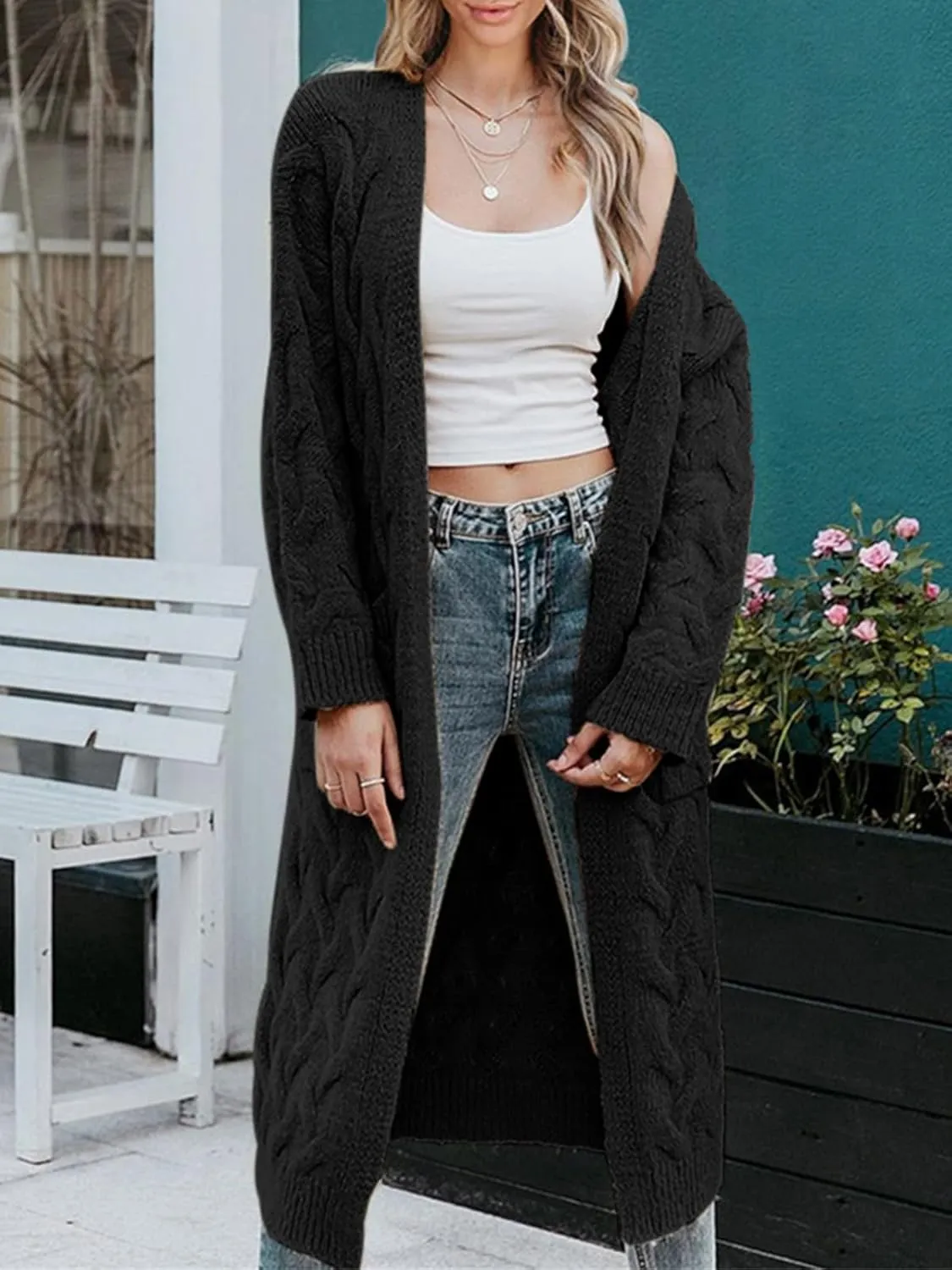 ZIWOCH Women's Long Cardigan Coats Cable Knit Casual Open Front Long Sleeve Loose Sweater with Pockets