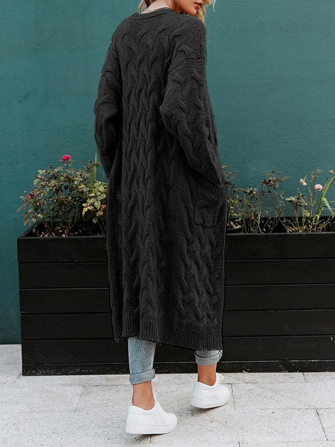 ZIWOCH Women's Long Cardigan Coats Cable Knit Casual Open Front Long Sleeve Loose Sweater with Pockets